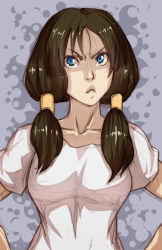 Rule 34 | 1girl, aura, bankage, black hair, blue background, blue eyes, breasts, collarbone, dragon ball, dragonball z, hair over shoulder, hair tubes, hands on own hips, highres, long hair, pout, shirt, solo, t-shirt, twintails, upper body, videl
