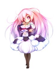 Rule 34 | 1girl, absurdly long hair, bare shoulders, breasts, cleavage, denka plus, detached sleeves, dress, female focus, full body, highres, large breasts, long hair, midriff, open mouth, original, pantyhose, pink hair, purple eyes, raspberry trifle, simple background, smile, solo, tachi-e, very long hair, white background