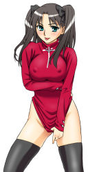 Rule 34 | 00s, 1girl, :p, black thighhighs, bottomless, breasts, covered erect nipples, covering privates, covering crotch, fate/stay night, fate (series), female focus, large breasts, long sleeves, no panties, shirt tug, simple background, solo, thighhighs, tohsaka rin, tongue, tongue out, turtleneck, twintails, two side up, unagimaru, white background