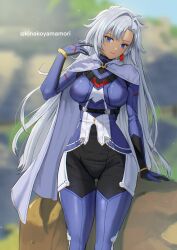 Rule 34 | 1girl, a (xenoblade), armored bodysuit, blue eyes, bodysuit, breasts, cape, cowboy shot, gloves, highres, leaning on object, long hair, looking at viewer, medium breasts, outdoors, skin tight, solo, thigh gap, very long hair, xenoblade chronicles (series), xenoblade chronicles 3, xenoblade chronicles 3: future redeemed, yamamori kinako