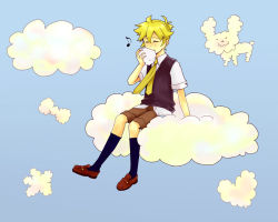 Rule 34 | 1boy, ^ ^, ataru (7noise), bad id, bad pixiv id, closed eyes, cloud, eating, kagamine len, kneehighs, loafers, male focus, musical note, necktie, shirt, shoes, short sleeves, shorts, sitting, sky, socks, solo, vocaloid, yellow necktie