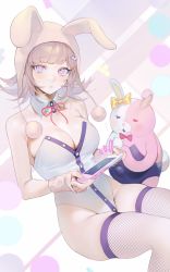 Rule 34 | 1girl, alternate costume, animal ears, animal hood, bare arms, bare shoulders, blush, bow, breasts, cleavage, closed mouth, collarbone, commentary request, danganronpa (series), danganronpa 2: goodbye despair, ear bow, ear ribbon, feet out of frame, fishnet thighhighs, fishnets, flipped hair, hair ornament, hairclip, handheld game console, highres, holding, holding handheld game console, hood, large breasts, leotard, looking at viewer, mole, mole on breast, monomi (danganronpa), nanami chiaki, nintendo switch, ohisashiburi, pink background, pink bow, pink eyes, pink hair, pink neckwear, pink ribbon, rabbit hood, ribbon, short hair, short sleeves, solo, striped, striped background, stuffed animal, stuffed rabbit, stuffed toy, thighhighs, white background, white leotard, yellow ribbon