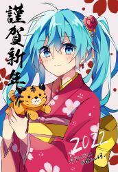 Rule 34 | 1girl, 2022, absurdres, ahoge, blue eyes, blue hair, blush, chinese zodiac, closed mouth, commentary request, floral print, flower, grey background, hair between eyes, hair flower, hair ornament, hatsune miku, highres, japanese clothes, kimono, long hair, long sleeves, obi, print kimono, red flower, red kimono, sash, simple background, smile, solo, tiger, translated, twintails, upper body, vocaloid, wide sleeves, year of the tiger, yuruno