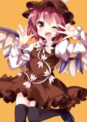 Rule 34 | 1girl, ;d, arms up, bird wings, black footwear, black thighhighs, blush, bow, bowtie, brown dress, brown hat, dress, feathered wings, hair between eyes, hat, highres, juliet sleeves, leg lift, long sleeves, looking at viewer, mary janes, mystia lorelei, one eye closed, open hand, open mouth, orange background, pinafore dress, pink hair, puffy sleeves, ruu (tksymkw), shirt, shoes, short hair, simple background, sleeveless, sleeveless dress, smile, solo, standing, standing on one leg, thighhighs, touhou, v over eye, white bow, white bowtie, white shirt, wings