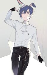 Rule 34 | 1boy, absurdres, animal ears, arm up, ascot, bishounen, blue eyes, blue hair, blue nails, dark blue hair, fingerless gloves, gloves, hair between eyes, highres, kaito (vocaloid), looking at viewer, o-ring, o-ring thigh strap, pale skin, pants, parted lips, pawpawrim, project sekai, rabbit boy, rabbit ears, shiny clothes, shirt, short hair, sidelighting, solo, standing, thigh gap, thigh strap, vocaloid, walking, white ascot, white shirt, wonderlands x showtime (project sekai)