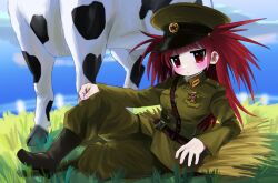 Rule 34 | 100 (hundredwell), 1girl, :o, animal, belt, blue sky, blush, boots, breasts, brown belt, buttons, cloud, cow, day, fence, full body, grass, green hat, green jacket, green pants, grey footwear, hat, highres, jacket, long hair, long sleeves, looking at viewer, medium breasts, military, military uniform, open mouth, original, pants, peaked cap, picket fence, red eyes, red hair, red star, shadow, sky, solo, star (symbol), strap, two side up, uniform, wheat, wooden fence