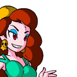 Rule 34 | 1girl, breasts, captain syrup, female focus, lowres, mario (series), nintendo, simple background, smile, solo, super mario bros. 1, upper body, wario land, white background