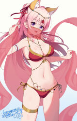 1girl :d bikini breasts cleavage cowboy_shot hair_ribbon highres holding large_breasts long_hair looking_at_viewer miso_(misomiso_154) miyaguni_akari mouth_veil open_mouth pink_hair purple_eyes red_bikini red_ribbon ribbon second-party_source sen_no_hatou_tsukisome_no_kouki side-tie_bikini_bottom simple_background smile solo standing swimsuit tongue veil white_background