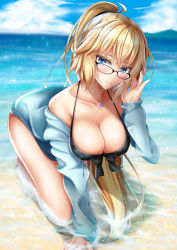 Rule 34 | 1girl, absurdres, adjusting eyewear, all fours, bad id, bad pixiv id, bikini, black-framed eyewear, black bikini, blonde hair, blue eyes, blue jacket, blush, breasts, cleavage, day, dolphin pendant, fate/grand order, fate (series), front-tie bikini top, front-tie top, full body, glasses, half-closed eyes, head tilt, highres, hood, hooded jacket, jacket, jeanne d&#039;arc (fate), jeanne d&#039;arc (ruler) (fate), jeanne d&#039;arc (swimsuit archer) (fate), jewelry, large breasts, long hair, looking at viewer, necklace, outdoors, ponytail, rai (newtype xm-x1), smile, solo, swimsuit, very long hair, wet, wet hair