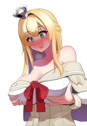Rule 34 | 1girl, @ @, absurdres, aqua eyes, bare shoulders, blonde hair, blush, braid, breast hold, breasts, breath, cleavage, crown, dress, flower, french braid, grabbing own breast, highres, huge breasts, kantai collection, kazuryuu, long hair, long sleeves, mini crown, nose blush, off-shoulder dress, off shoulder, open mouth, red flower, red rose, rose, simple background, solo, sweat, upper body, warspite (kancolle), white background