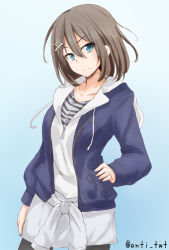 Rule 34 | 10s, 1girl, alternate costume, anti (untea9), aqua eyes, artist name, brown hair, casual, clothes around waist, contemporary, cowboy shot, hair between eyes, hair ornament, hairclip, hand on own hip, hood, hood down, hooded jacket, hoodie, jacket, kantai collection, light frown, long sleeves, looking at viewer, maya (kancolle), open clothes, open hoodie, open jacket, pantyhose, short hair, simple background, skirt, solo, sweater, sweater around waist, twitter username