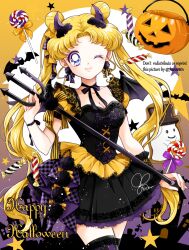 1girl bat_(animal) bishoujo_senshi_sailor_moon black_dress black_wings blonde_hair blue_eyes candy commentary cowboy_shot dress earrings fake_wings food halloween_bucket happy_halloween highres holding_trident jewelry magical_girl moon one_eye_closed sarashina_kau solo star_(symbol) tsukino_usagi twintails wings