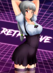 Rule 34 | 1girl, arms behind head, arms up, black dress, black thighhighs, blush, breasts, cleavage, collarbone, cowboy shot, dress, facing viewer, fishnets, garter straps, grid, kanna albeecht, large breasts, long hair, looking at viewer, puffy sleeves, purple background, red eyes, shirt, short sleeves, silver hair, sleeveless, sleeveless dress, smile, standing, sunset, synthwave, thighhighs, white shirt, wireframe, yukino memories, zel-sama, zettai ryouiki