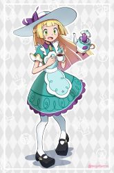 Rule 34 | 1girl, @ @, absurdres, apron, argyle, argyle background, argyle clothes, black footwear, blonde hair, bow, collared dress, creatures (company), cup, cupcake, doughnut, dress, floating, food, game freak, gen 8 pokemon, green eyes, hat, hat bow, highres, holding, holding cup, lillie (pokemon), lillie (special costume) (pokemon), mr.thunderigor, nintendo, official alternate costume, open mouth, pokemon, pokemon (creature), pokemon masters ex, polteageist, teacup, teapot, twitter username, two-tone background