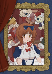 Rule 34 | 1girl, absurdres, alternate costume, apple, blue bow, blue choker, blue dress, boko (girls und panzer), bow, bowtie, brown eyes, brown hair, choker, commentary, curtains, dress, food, fruit, girls und panzer, gloves, hair bow, highres, holding, holding food, holding fruit, light frown, looking at viewer, nekounko, nishizumi miho, open mouth, picture frame, puffy short sleeves, puffy sleeves, red bow, red bowtie, short hair, short sleeves, solo, stuffed animal, stuffed toy, symbol-only commentary, teddy bear, white gloves