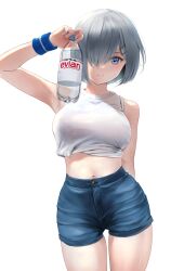 Rule 34 | 1girl, bare shoulders, blue eyes, blue shorts, blush, bottle, breasts, crop top, grey hair, hair ornament, hair over one eye, hairclip, hamakaze (kancolle), highres, kantai collection, large breasts, looking at viewer, midriff, navel, shirt, short hair, shorts, sleeveless, sleeveless shirt, smile, solo, thighs, variant set, wa (genryusui), water bottle, white background, white shirt, wristband