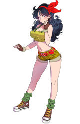 Rule 34 | 1girl, absurdres, bare shoulders, belt, blue eyes, blue hair, bow, breasts, cleavage, closed mouth, collarbone, commentary request, converse, dragon ball, dragon ball (classic), fingerless gloves, fingernails, full body, gloves, green footwear, hair bow, highres, long hair, looking at viewer, lunch (dragon ball), lunch (good) (dragon ball), medium breasts, midriff, navel, red bow, shoes, shorts, simple background, sleeveless, sneakers, socks, solo, standing, stomach, tank top, white background, yamashita shun&#039;ya