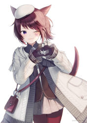 Rule 34 | 1girl, animal ears, bag, beret, black gloves, black shirt, butterfly tattoo, cable knit, cardigan, cat ears, cat girl, cat tail, closed mouth, cowboy shot, facial tattoo, gloves, grey skirt, half updo, handbag, hat, heart, heart hands, long sleeves, looking at viewer, midorikawa you, miniskirt, mole, mole under eye, open cardigan, open clothes, original, pantyhose, pleated skirt, purple eyes, red hair, red pantyhose, shirt, short hair, short ponytail, sidelocks, simple background, skirt, smile, solo, swept bangs, tail, tattoo, white background, white cardigan, white hat