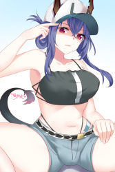 Rule 34 | 1girl, arknights, bad id, bad pixiv id, bare arms, bare shoulders, baseball cap, bikini, black bikini, blue background, blue hair, breasts, ch&#039;en (arknights), ch'en (arknights), chinese commentary, commentary request, dragon horns, dragon tail, female tourist c (arknights), gradient background, grey shorts, hair between eyes, hat, highres, horns, horns through headwear, large breasts, lingshalan, long hair, looking at viewer, navel, official alternate costume, red eyes, short shorts, shorts, sidelocks, solo, spread legs, stomach, swimsuit, tail, thighs, white background, white hat