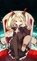 Rule 34 | 1girl, black pantyhose, blonde hair, closed mouth, dot mouth, elona, gothic lolita, hair between eyes, lolita fashion, ojyou, ojyou (elona), pantyhose, purple eyes, shunsei (muratou), solo, swept bangs, twintails