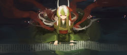 Rule 34 | 1girl, alternate costume, bare shoulders, dark, ex-keine, from above, ginryuu, green hair, highres, horn ornament, horn ribbon, horns, japanese clothes, kamishirasawa keine, kimono, long hair, long sleeves, looking at viewer, multicolored hair, obi, off shoulder, partially submerged, red eyes, ribbon, sash, scroll, silver hair, sitting, solo, touhou, two-tone hair, water, wide sleeves