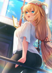 Rule 34 | 1girl, :d, akai haato, ass, bag, black pants, blonde hair, blouse, blue eyes, blurry, blush, breasts, cellphone, commentary request, depth of field, fang, from behind, hair ribbon, hand up, hat, highres, holding, holding phone, hololive, large breasts, long hair, looking at viewer, looking back, magowasabi, nail polish, open mouth, pants, phone, red nails, red ribbon, ribbon, see-through silhouette, shirt, short sleeves, shoulder bag, skin fang, smartphone, smile, solo, very long hair, virtual youtuber, white hat, white shirt