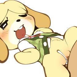 Rule 34 | 1boy, 1girl, animal crossing, animal ears, animal nose, blush, bottomless, cum, cum in pussy, dog ears, dog girl, ejaculation, furry, furry female, green vest, hetero, highres, isabelle (animal crossing), lying, missionary, nintendo, on back, one eye closed, open mouth, pussy, red ribbon, ribbon, sex, short sleeves, simple background, smile, solo focus, tearing up, teeth, upper teeth only, vaginal, vest, white background, youjo modoki