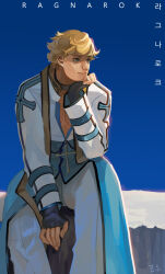 Rule 34 | 1boy, arch bishop (ragnarok online), black choker, black gloves, blonde hair, blue coat, blue eyes, choker, closed mouth, coat, commentary, copyright name, cropped jacket, cross, cross necklace, dated commentary, fingerless gloves, gloves, head rest, jacket, jewelry, long sleeves, looking afar, male focus, necklace, pants, ragnarok online, short hair, sitting, smile, solo, white jacket, white pants, zi tsas