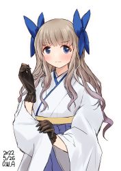 Rule 34 | 1girl, alternate hairstyle, artist name, asakaze (kancolle), black gloves, blue bow, blue hakama, blunt bangs, bow, commentary request, dated, gloves, hair bow, hakama, highres, japanese clothes, kantai collection, light brown hair, long hair, looking at viewer, meiji schoolgirl uniform, one-hour drawing challenge, owa (ishtail), sidelocks, simple background, solo, wavy hair, white background