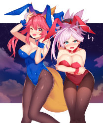 Rule 34 | 2girls, animal ear fluff, animal ears, animal hands, arms under breasts, asymmetrical hair, bare shoulders, black leotard, blue eyes, blush, breast hold, breasts, cleavage, collarbone, covered navel, extra ears, fake animal ears, fang, fate/extra, fate/grand order, fate (series), fox ears, fox girl, fox tail, hair ornament, highres, large breasts, leotard, looking at viewer, miyamoto musashi (fate), multiple girls, night, night sky, one eye closed, open mouth, outdoors, pantyhose, pink hair, playboy bunny, ponytail, rabbit ears, ratio (ratio-d), sky, standing, star (sky), star (symbol), starry sky, strapless, strapless leotard, tail, tamamo (fate), tamamo no mae (fate/extra), wrist cuffs, yellow eyes