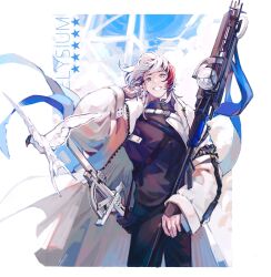 Rule 34 | 1boy, arknights, bingbuliguozi, bird, black pants, black shirt, character name, elysium (arknights), hand up, highres, holding, holding staff, jacket, multicolored hair, pants, red hair, seagull, shirt, solo, staff, streaked hair, sword, weapon, white hair, white jacket, wing ears