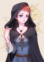 Rule 34 | 1girl, black cape, blue dress, blue eyes, breasts, cape, collarbone, dress, flower, grey background, hood, hood up, hooded, jewelry, lily (flower), long sleeves, medium breasts, original, parted lips, pendant, pinafore dress, red hair, scar, shirt, short hair, sleeveless dress, solo, standing, tabby chan, twitter username, white shirt