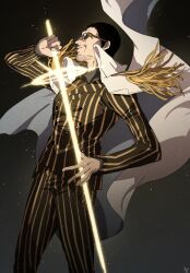 1boy 6cheetah absurdres beard black_hair borsalino_(kizaru) collared_coat collared_shirt epaulettes facial_hair floating_clothes highres holding male_focus necktie one_piece profile shirt short_hair signature smile solo sunglasses vertical-striped_suit yellow_necktie