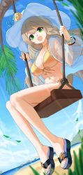 Rule 34 | 1girl, absurdres, bare legs, beach, bikini, blue archive, bracelet, breasts, brown hair, cleavage, full body, green eyes, hat, highres, horizon, jacket, jaws (okdol0928), jewelry, large breasts, long hair, long sleeves, looking at viewer, navel, nonomi (blue archive), nonomi (swimsuit) (blue archive), ocean, open mouth, outdoors, sand, sandals, see-through, see-through jacket, smile, solo, sun hat, swimsuit, swing, tree, unfinished, water, yellow bikini