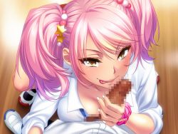 Rule 34 | artist request, censored, character request, cleavage, game cg, licking lips, looking at viewer, mosaic censoring, penis, pink hair, pov, precum, shirt, shoes, sneakers, source request, white shirt, yellow eyes