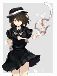 Rule 34 | 1girl, ;), alternate costume, bandages, black hair, black hat, black serafuku, black skirt, border, bow, brown eyes, collarbone, commentary request, cowboy shot, falken (yutozin), fedora, gloves, grey background, grey border, grey gloves, hair between eyes, hair bow, hair over one eye, hand on own hip, hand up, hat, highres, looking at viewer, miniskirt, neckerchief, one-hour drawing challenge, one eye closed, outside border, pleated skirt, school uniform, serafuku, short hair, short sleeves, simple background, single glove, skirt, skirt set, smile, solo, standing, thighs, touhou, usami renko, white bow, white neckerchief