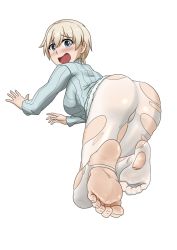 Rule 34 | 1girl, ass, barefoot, blonde hair, blue eyes, blue sweater, blush, brave witches, breasts, commission, feet, flickmann ss, from behind, highres, large breasts, looking at viewer, looking back, nikka edvardine katajainen, open mouth, pantyhose, pixiv commission, short hair, simple background, solo, strike witches, sweater, tickling, tickling feet, torn clothes, torn pantyhose, white background, white pantyhose, world witches series