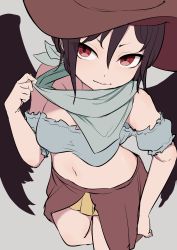 Rule 34 | 1girl, black hair, black wings, breasts, brown skirt, closed mouth, commentary request, cowboy hat, cowboy shot, crop top, eyes visible through hair, from above, grey background, hat, highres, kurokoma saki, marsen, medium breasts, navel, off-shoulder shirt, off shoulder, one-hour drawing challenge, pulling, red eyes, scarf, shirt, short hair, simple background, skirt, solo, standing, thighs, touhou, v-shaped eyebrows, wings