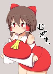 Rule 34 | 1girl, ascot, bare shoulders, blush, bow, breasts, brown hair, collarbone, commentary request, cookie (touhou), detached sleeves, grey background, hair between eyes, hair bow, hair tubes, hakurei reimu, highres, large breasts, medium hair, plump, red bow, red eyes, reu (cookie), simple background, solo, takopon, touhou, yellow ascot