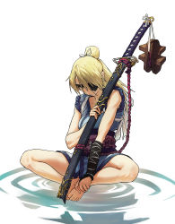 Rule 34 | 1girl, absurdres, alternate costume, blonde hair, closed mouth, eyepatch, geta, grand admiral marina, green eyes, guardian tales, highres, holding, holding weapon, hong do, indian style, japanese clothes, long hair, looking at viewer, ootachi, ponytail, simple background, sitting, solo, sword, weapon