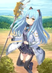 Rule 34 | 1girl, animal ears, black skirt, black thighhighs, blue eyes, blue footwear, blue hair, blue sky, breasts, brown eyes, cat ears, cloud, cloudy sky, collared shirt, commentary request, day, eiyuu densetsu, fake animal ears, falcom, fingernails, grey shirt, hair between eyes, hajime kaname, highres, holding, holding staff, jacket, long hair, long sleeves, looking at viewer, open clothes, open jacket, outdoors, parted lips, pleated skirt, purple vest, sen no kiseki, shirt, shoes, skirt, sky, small breasts, solo, staff, thighhighs, tio plato, v-shaped eyebrows, very long hair, vest, white jacket