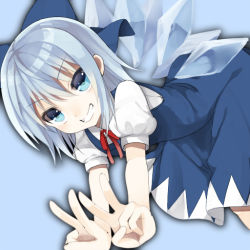 Rule 34 | &gt;:d, 1girl, :d, bad id, blue eyes, blue hair, cirno, double v, grin, matching hair/eyes, open mouth, short hair, smile, solo, touhou, v, v-shaped eyebrows, wings, yatsuki yura