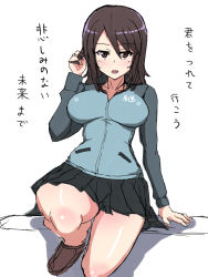 Rule 34 | 1girl, arm support, breasts, brown eyes, brown hair, girls und panzer, tucking hair, highres, jacket, keizoku military uniform, large breasts, long hair, looking at viewer, mika (girls und panzer), mordeth, open mouth, skirt, solo, text focus, white background