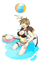 Rule 34 | 1girl, :3, adapted costume, ball, beachball, belt, bikini, bikini top only, black belt, black bikini, bracelet, breasts, brown eyes, brown hair, cleavage, commentary request, full body, jewelry, mechanic (ragnarok online), medium breasts, midriff, navel, necklace, open mouth, poring, ragnarok online, short hair, short shorts, shorts, smile, solo, swimsuit, themed object, thigh strap, water, white background, white shorts, zhi xie