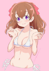 Rule 34 | 1girl, bikini, breasts, brown hair, closed mouth, collarbone, commentary request, copyright request, delicious party precure, highres, kazuma muramasa, looking at viewer, medium breasts, navel, pink background, precure, purple eyes, red ribbon, ribbon, short hair, side-tie bikini bottom, smile, solo, stomach, swimsuit, white bikini