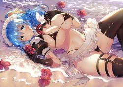 Rule 34 | 1girl, absurdres, apron, aqua eyes, beach, bikini, black bikini, black gloves, black thighhighs, blue hair, breasts, cleavage, flower, gloves, hands up, highres, large breasts, latex, latex gloves, long hair, looking at viewer, lying, maid, maid apron, maid bikini, micro bikini, navel, neck ribbon, on back, one side up, original, red flower, revealing clothes, ribbon, rose, sanshoku amido, short sleeves, shrug (clothing), sidelocks, skindentation, smile, solo, stomach, string bikini, swimsuit, thighhighs, thighs, tongue, tongue out, unconventional maid, waist apron, water, wet, wet clothes