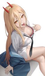 Rule 34 | 1girl, absurdres, black necktie, blonde hair, breasts, chainsaw man, clothes pull, crossed legs, demon girl, demon horns, downblouse, feet out of frame, flashing, from above, highres, horns, kurone rinka, legs, long hair, looking at viewer, loose necktie, necktie, nipples, no pants, power (chainsaw man), pulling own clothes, red horns, sharp teeth, shirt pull, sitting, small breasts, solo, symbol-shaped pupils, teeth, thighs, tongue, tongue out, very long hair, yellow eyes