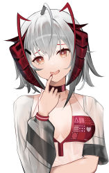 Rule 34 | 1girl, absurdres, ahoge, antennae, arknights, bikini, breasts, choker, demon horns, finger to mouth, highres, horns, looking at viewer, medium breasts, nail polish, okome (okome), open mouth, orange eyes, red bikini, red choker, red nails, see-through, short hair, silver hair, simple background, smile, solo, swimsuit, upper body, w (arknights), white background
