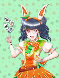 Rule 34 | 1girl, alternate hairstyle, animal ears, artist name, artist request, back bow, belt, belt buckle, blue hair, blush, bow, bowtie, breasts, brown belt, buckle, buttons, card, carrot, carrot necklace, checkered bow, checkered clothes, crown, dress, earrings, fake animal ears, female focus, floating, floating object, flower hair ornament, frilled dress, frilled shirt collar, frilled skirt, frills, glasses, gloves, green background, green ribbon, green skirt, hair bow, hair ornament, hairclip, heart (symbol), highres, holding, holding pocket watch, jewelry, long hair, looking at viewer, love live!, love live! school idol festival, love live! school idol festival all stars, love live! sunshine!!, mini crown, necklace, orange bow, orange dress, orange skirt, parted lips, pocket watch, puffy short sleeves, puffy sleeves, purple eyes, rabbit ears, ribbon, short sleeves, skirt, smile, solo, spade (shape), spade print, tsushima yoshiko, twintails, vegetable wonderland (love live!), watch, white gloves, yellow belt