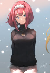 Rule 34 | 1girl, alternate costume, ark royal (kancolle), arms behind back, black sweater, blue eyes, bob cut, breasts, hairband, highres, jewelry, kantai collection, medium breasts, necklace, pants, red hair, ribbed sweater, short hair, signature, simple background, smile, solo, sunday aki, sweater, turtleneck, turtleneck sweater, white hairband, white pants
